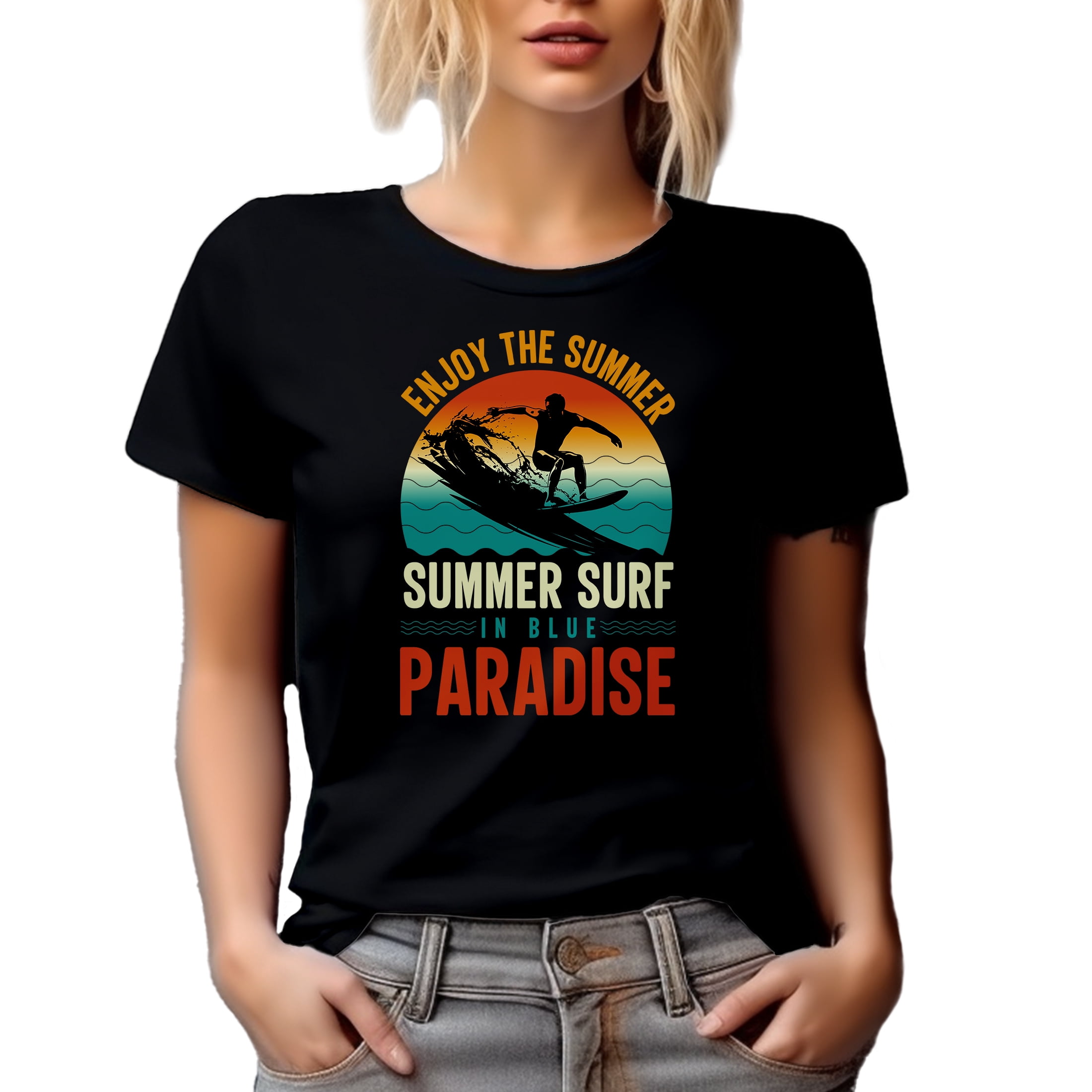 Surfer or Surfing Enthusiast - Enjoy the Summer, Summer Surf in Blue Paradise, Black T-Shirt, 3XL