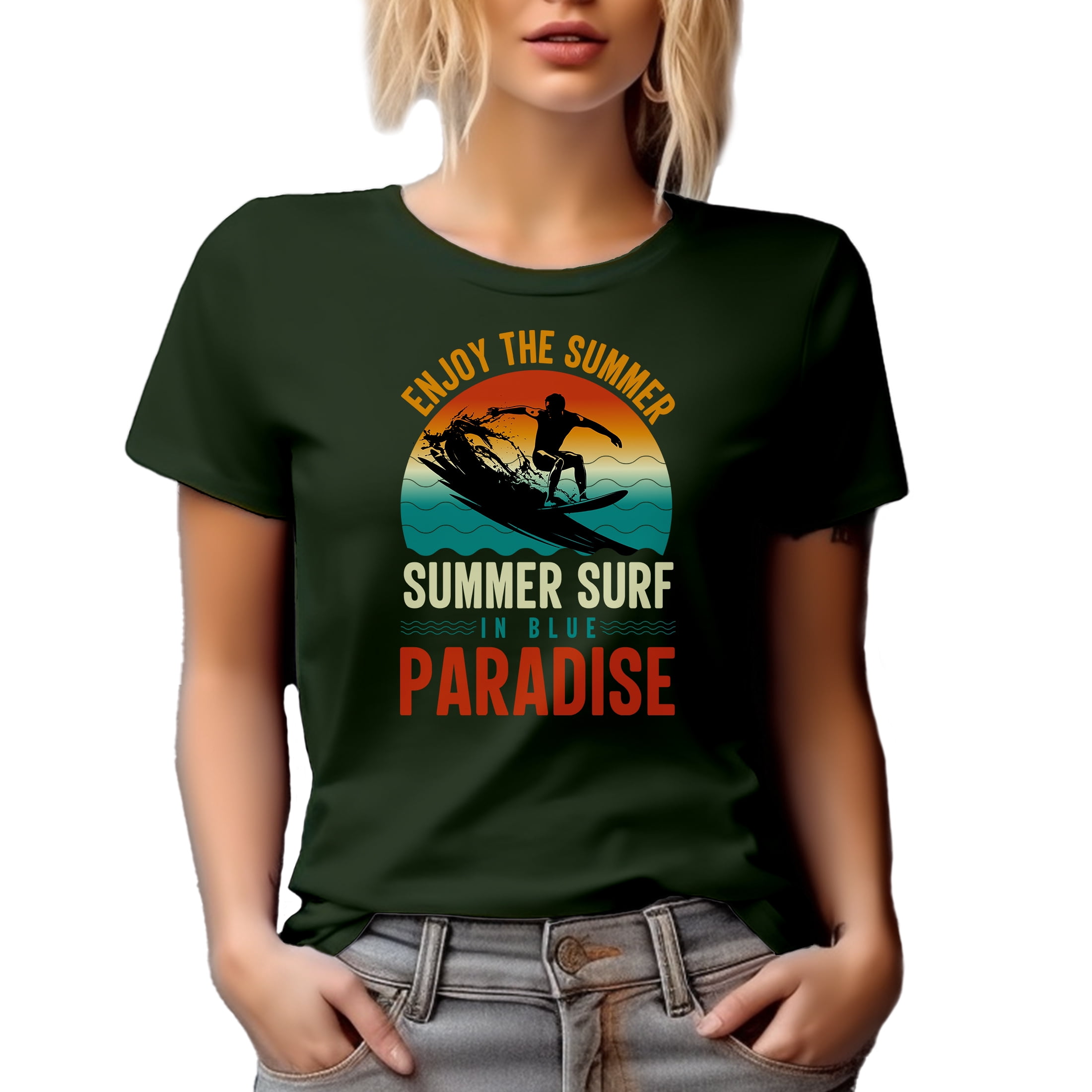 Surfer or Surfing Enthusiast - Enjoy the Summer, Summer Surf in Blue Paradise, Military Green T-Shirt, Large