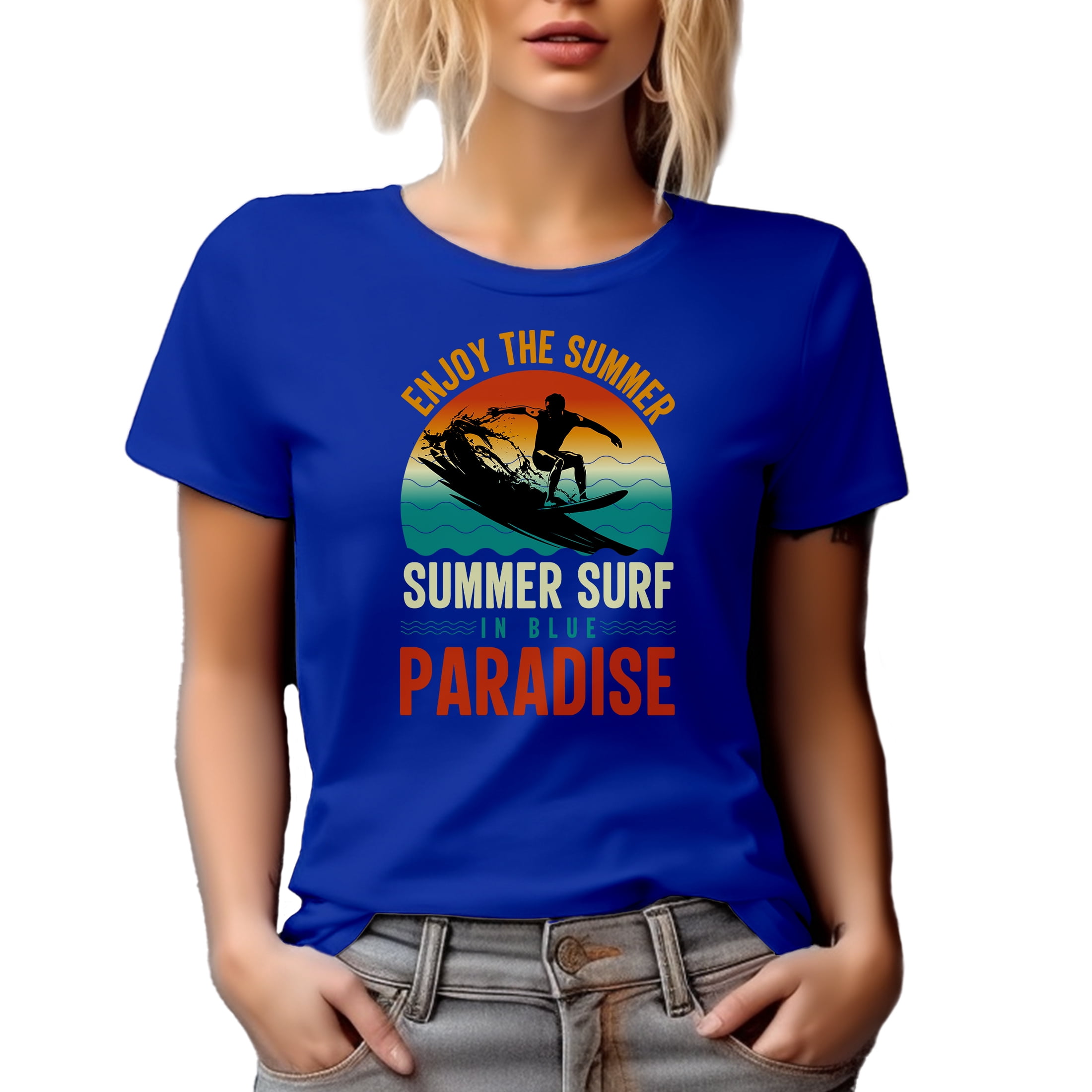 Surfer or Surfing Enthusiast - Enjoy the Summer, Summer Surf in Blue Paradise, Royal Blue T-Shirt, Medium