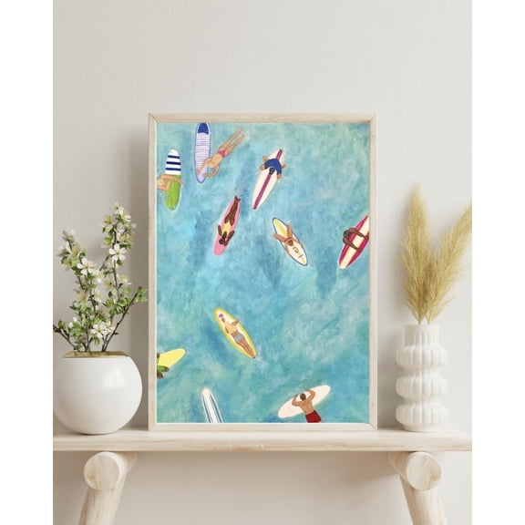 Surfers Aerial Art, Colorful Ocean Wall Art, Overhead Surf Painting, Beach Poster Poster Unframed Paper Print