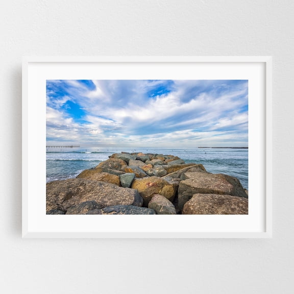 Surfers At The End Of The Jetty - San Diego California Photography White Framed Wall Art Print 24 x 36 inches