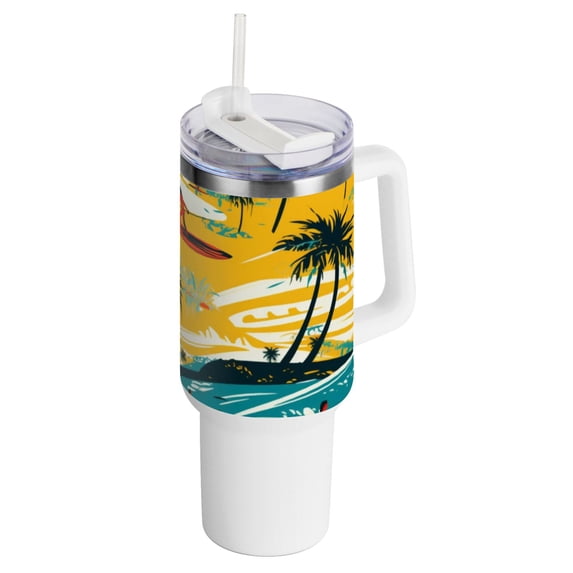 Surfers Beach Trees Waves 40 oz Tumbler with Handle Insulated Travel Mug Lid Straw Leak Proof Steel Vacuum Water Bottles Glasses Fits in Car Cup Holder