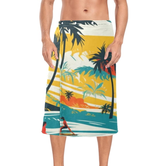 Surfers Beach Trees Waves Bath Towel Wrap for Man Adjustable Shower Wrap Button Closure Body Towel for Sauna Gym