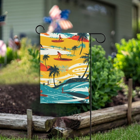 Surfers Beach Trees Waves Garden Flag Double Sided Outdoor Banners for Courtyard Outdoor Lawn Farmhouse Holiday Decorations