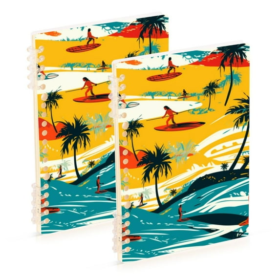 Surfers Beach Trees Waves Ring Binder Notebook Journey Note Diary College Ruled Spiral Notebook Study Loose Leaf Paper A5 60 Pages