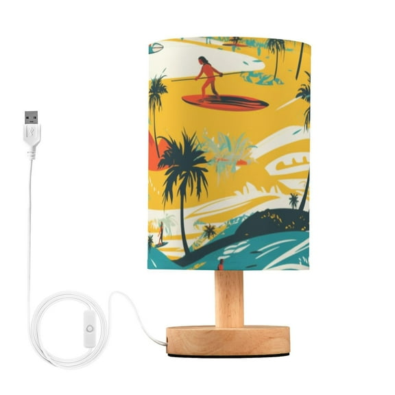 Surfers Beach Trees Waves Table Lamp USB Bedside Desk Nightstand Lamp Printed Gifts Small Lamp Wood Base for Bedroom Living Room Kids Room College Dorm
