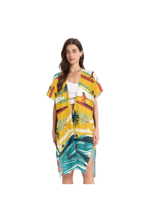 Surfers Beach Trees Waves Women Swimsuit Cover up V Neck Beach Dress Short Sleeve Vacation Outfits Swimwear