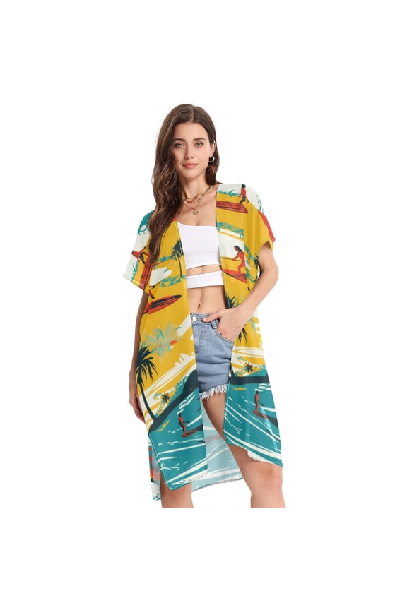 Surfers Beach Trees Waves Women Swimsuit Cover up V Neck Beach Dress Short Sleeve Vacation Outfits Swimwear