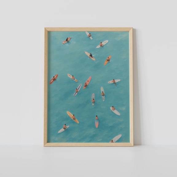 Surfers In Ocean Wall Art Print, Summer Beach Coastal Decor