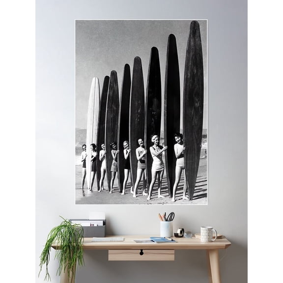Surfers On Beach Vintage Black And White Photograph Poster Wall Art, Modern Wall Decor For Living Room Bedroom, 24x36 UNFRAMED