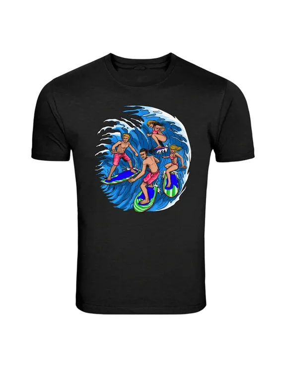 Surfers Riding Big Wave Surf Graphic Classic Look For Casual Occasions T-Shirt, Size S-5XL