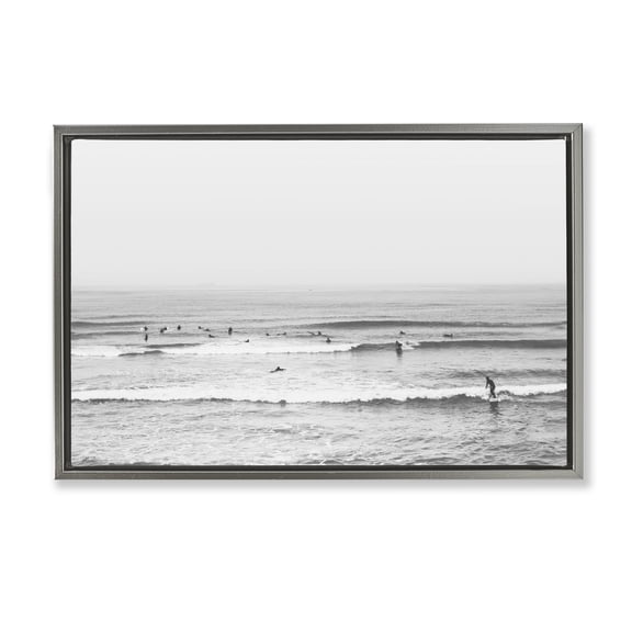 Stupell Industries Surfers Riding Waves Monochrome Gray Framed Floater Canvas Wall Art, design by Sisi and Seb, 21 x 31