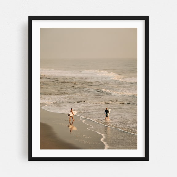 Surfers at St. Augustine Beach - St. Augustine Beach Florida Photography Surf Beach Ocean Waves Surfboard Coast Seascape Black Framed Wall Art Print 16 x 20 inches
