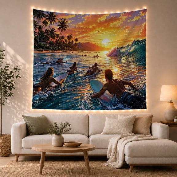 Surfers on Sunset Ocean with Palm Beach and Curling Wave, Adventurous Coastal for Surfing Fans, Surf Wall Decor, Housewarming Gift, Tapestry Wall Hanging for Bedroom and Dorm