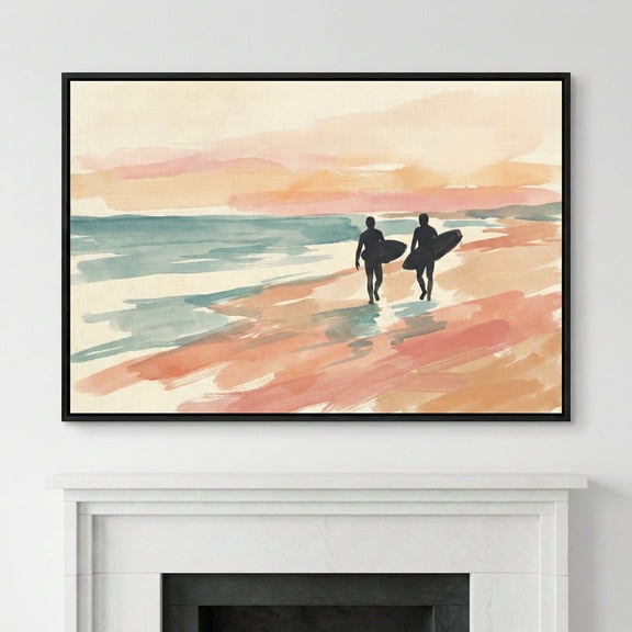 Surfers Walking Style Wall Art Coastal Beach Sunset Minimalist Surfboard Ocean Wave Abstract Art Unframed Paper Poster 8x10in