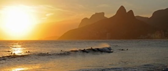 Surfers at sunset on Ipanema Beach Rio De Janeiro Brazil Canvas Art - Panoramic Images (30 x 13)