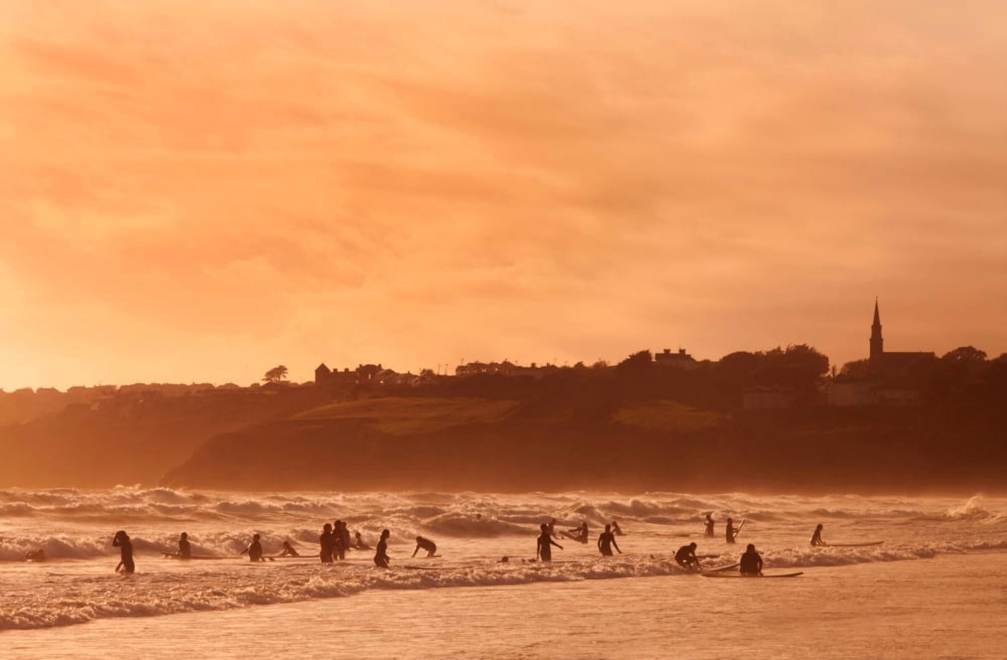 Surfers in Tramore Bay County Waterford Ireland Canvas Art - Panoramic Images (36 x 12)