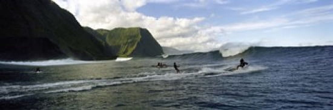 Surfers in the sea Hawaii USA Canvas Art - Panoramic Images (18 x 6)