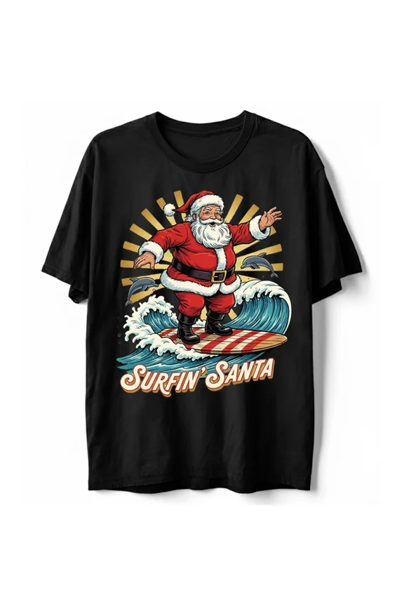 Surfin' Jolly Man Funny Christmas Surfing Beach Holiday Xmas Tee Unisex T-Shirt, up to Size 5XL