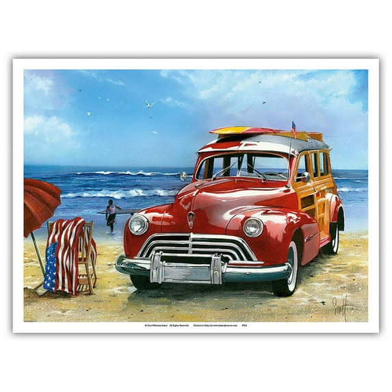 Surfin USA - Retro Woodie Car with Surfboards on Beach - From an Original Color Painting by Scott Westmoreland - Master Art Print (Unframed) 9in x 12in