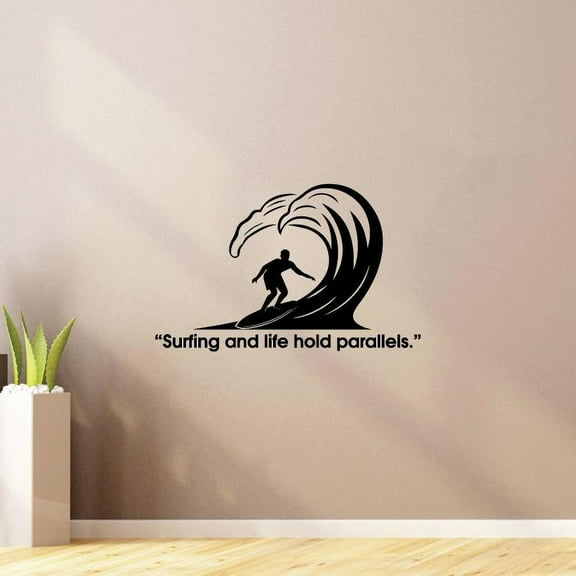 Surfing And Life Holds Parallels Surfer Silhouette Vinyl Wall Sticker Art Decal Girls Boys Kids Room Design Professional Surfer Water Sport House Home Decor Sticker Vinyl Decoration Size (24x40 inch)