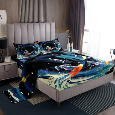 Surfing Astronaut Twin Bed Sheets Set,Outer Space Planet Universe Bedding Set Room Decor,Ocean Surf Theme Sheets Blue Graffiti Surfer Fitted Sheet Set 3Pcs
