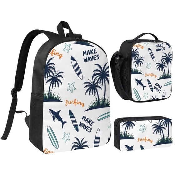 Surfing Beach Backpack Set 3pc Including Backpack, Lunch Bag and Pen Bag Combination