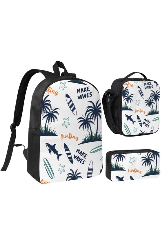 Surfing Beach Backpack Set 3pc Including Backpack, Lunch Bag and Pen Bag Combination