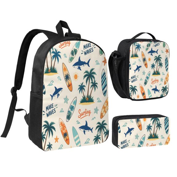 Surfing Beach Backpack Set 3pc Including Backpack, Lunch Bag and Pen Bag Combination