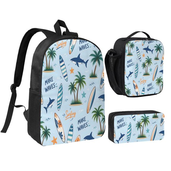 Surfing Beach Backpack Set 3pc Including Backpack, Lunch Bag and Pen Bag Combination