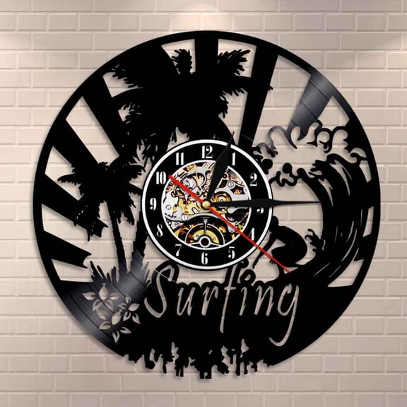 Surfing Beach View Vinyl Record Wall Clock Modern Wall Watch Water Sport LED Night Light For Surfing Lover Gift Home Decoration