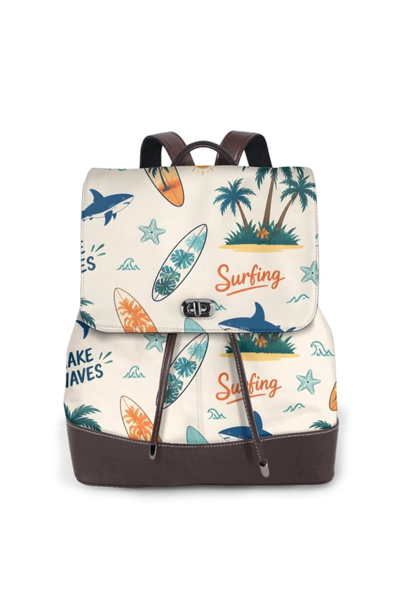 Surfing Beach Women's Leather Backpack All-Over Print Bag for Work and Travel