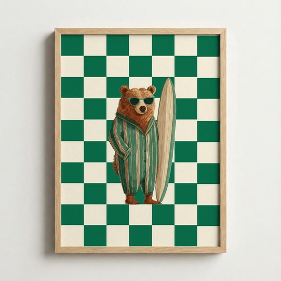 Surfing Bear Wall Art Green Checkered Summer Preppy Decor Retro Beach Bear Poster Coastal Nursery Print Fun Boys Room Gift