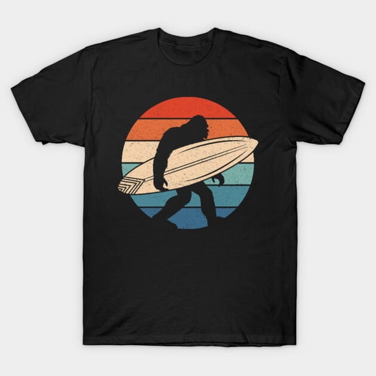 Surfing Bigfoot with a Retro Vintage Sunset Funny Sasquatch Beach T ...