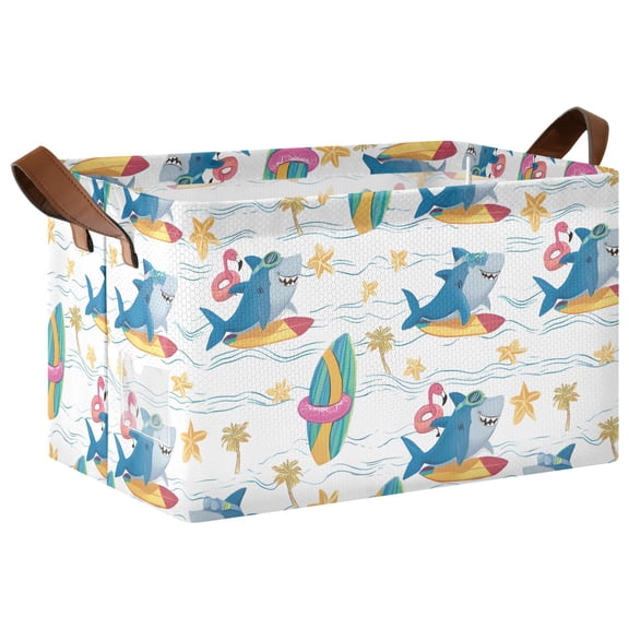 Surfing Blue Shark Pattern Collapsible Storage Bin Open Home Shelf Basket Water-Resistant Iron Frame Large