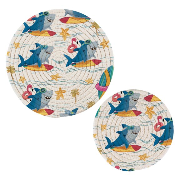 Surfing Blue Shark Pattern Cotton Trivets Potholders Set of 2 Handmade Heat Resistant Non Slip Absorbent