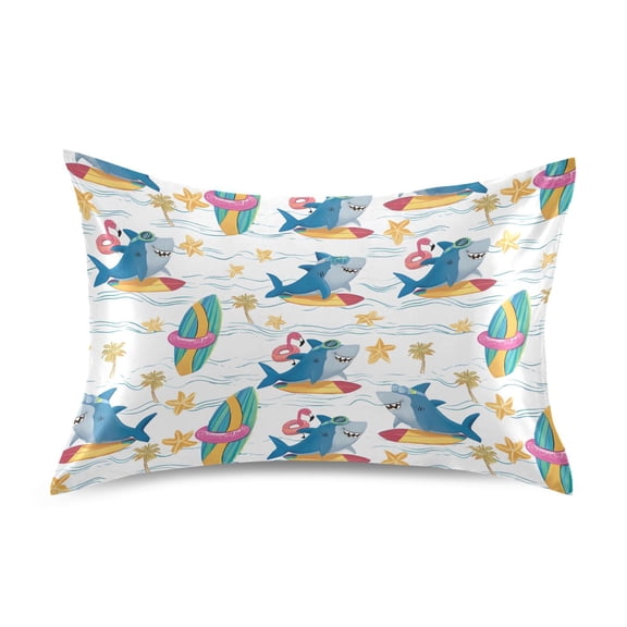 Surfing Blue Shark Pattern Pillowcase Queen Size 30''x20'' Satin Double-Sided Print Soft Wrinkle Resistant