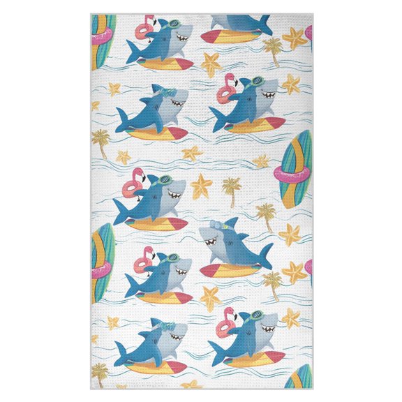 Surfing Blue Shark Pattern Waffle Kitchen Towels 18x30 in Soft Absorbent Quick Dry Dishcloths