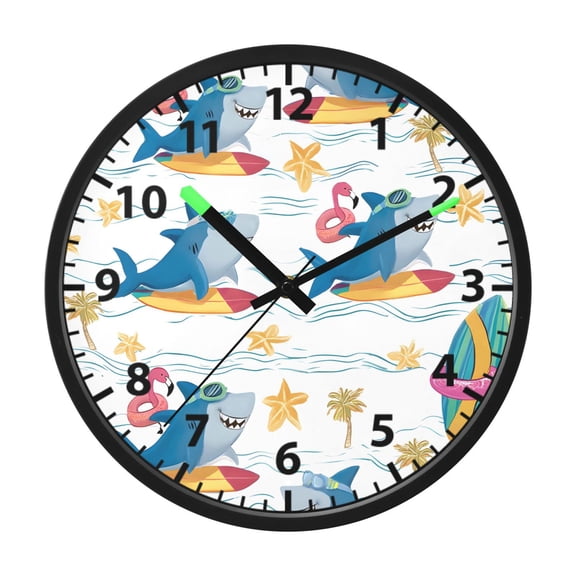 Surfing Blue Shark Pattern Wall Clock 12 Inch Voice Activated Night Light Silent Non Ticking