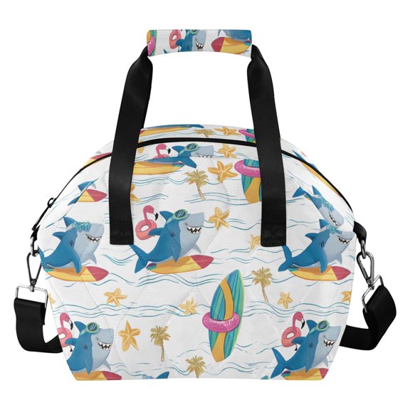 Surfing Blue Shark Pattern Women Lunch Bag Quilted Insulated Water Resistant Tote for Work and Picnic