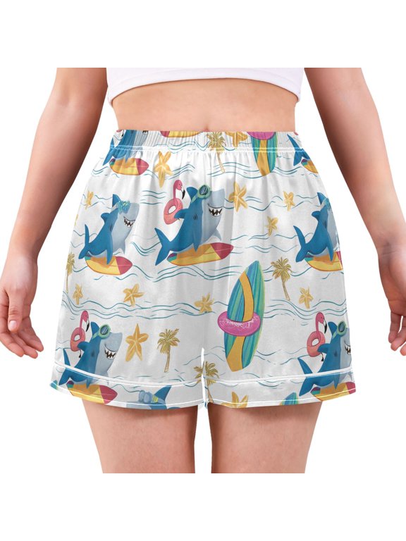 Surfing Blue Shark Pattern Women's Pajama Shorts Silky Satin Casual Lounge Sleep Zero Pressure