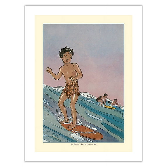 Surfing Boys - Book Cover Plate From Kala of Hawaii - Vintage Illustration by Ninon MacKnight c.1936 - Bamboo Fine Art 290gsm Paper (Unframed) 12x16in