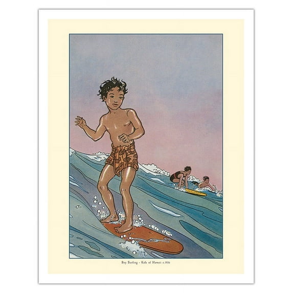 Surfing Boys - Book Cover Plate From Kala of Hawaii - Vintage Illustration by Ninon MacKnight c.1936 - Fine Art Matte Paper Print (Unframed) 11x14in