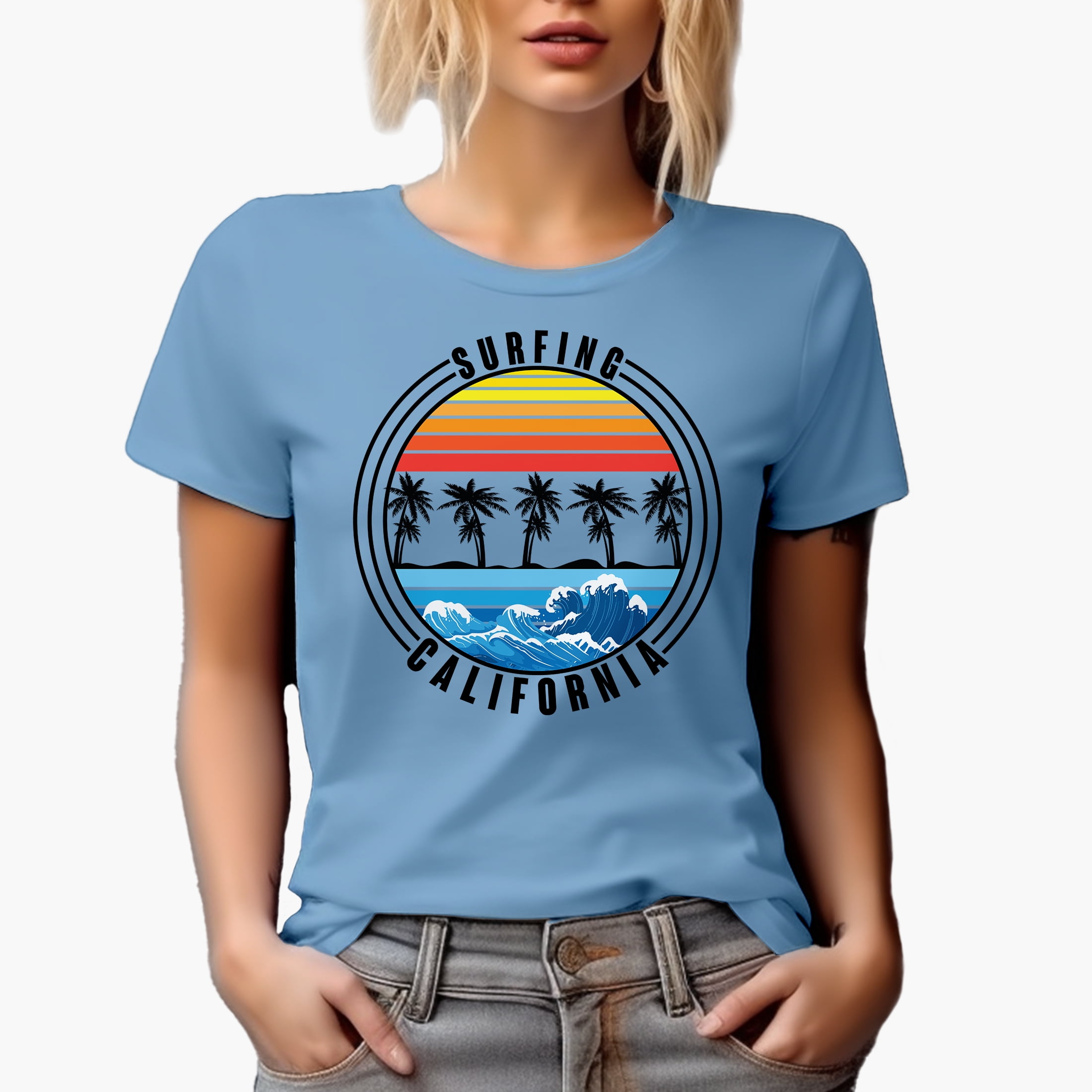 Surfing California with Beach Waves & Palm Trees, Baby Blue T-Shirt, 2XL