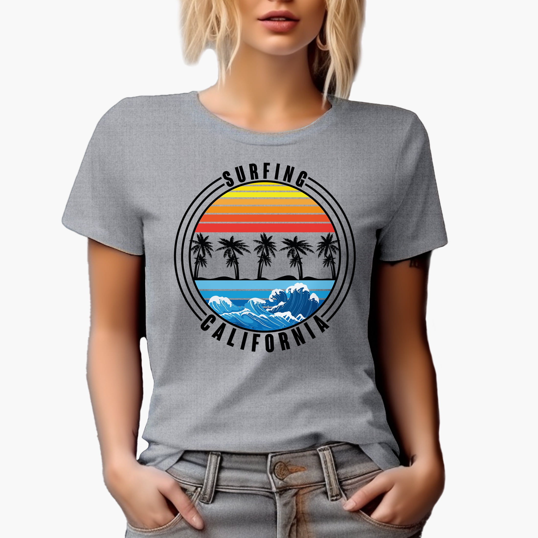 Surfing California with Beach Waves & Palm Trees, Heather Grey T-Shirt, 3XL