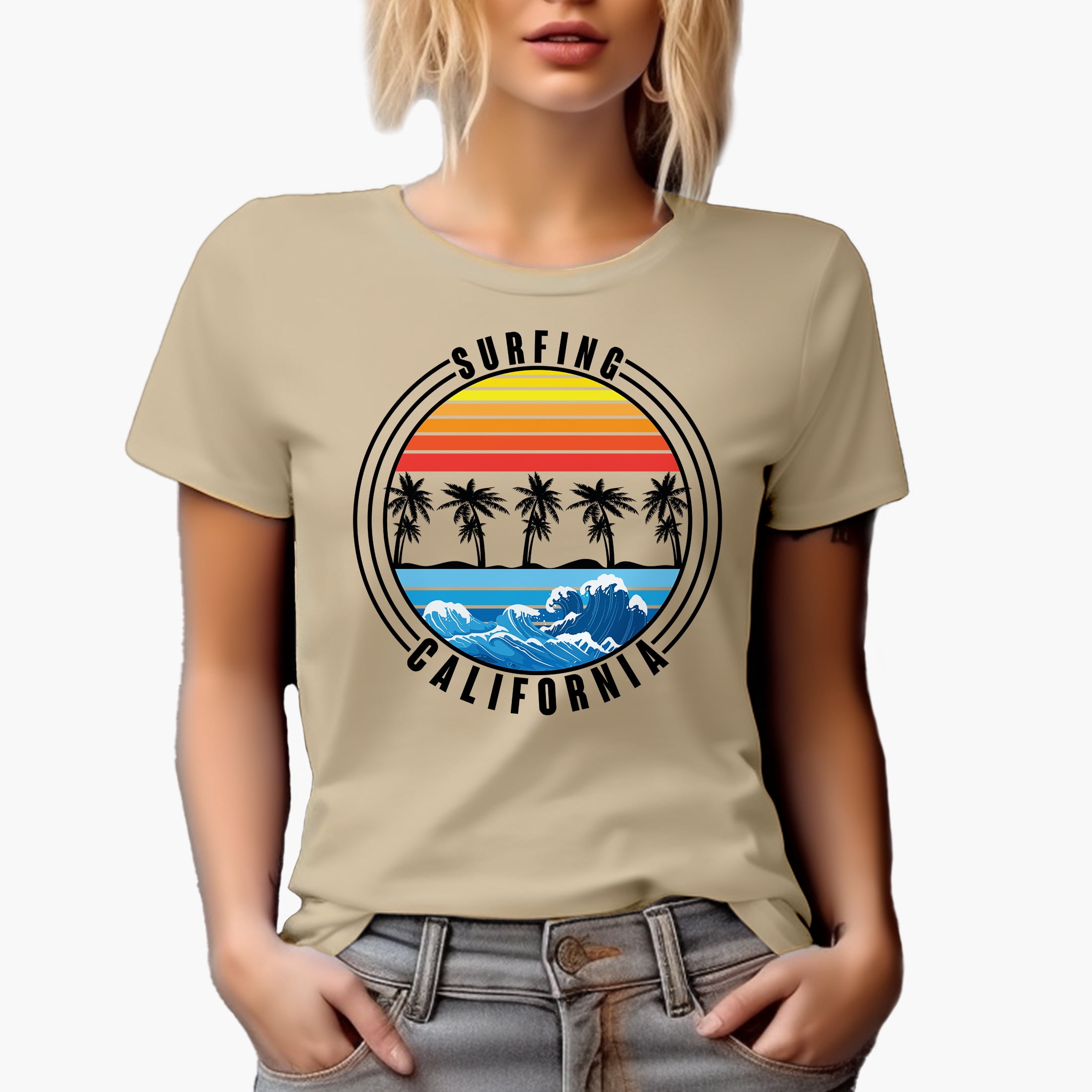 Surfing California with Beach Waves & Palm Trees, Tan T-Shirt, Large