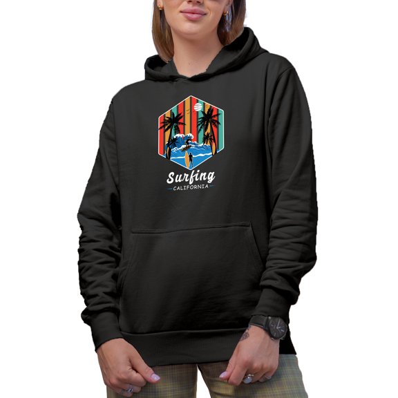 Surfing California with Ocean Wave & Surfers Art, Black Hooded Sweatshirt or Hoodie, XL