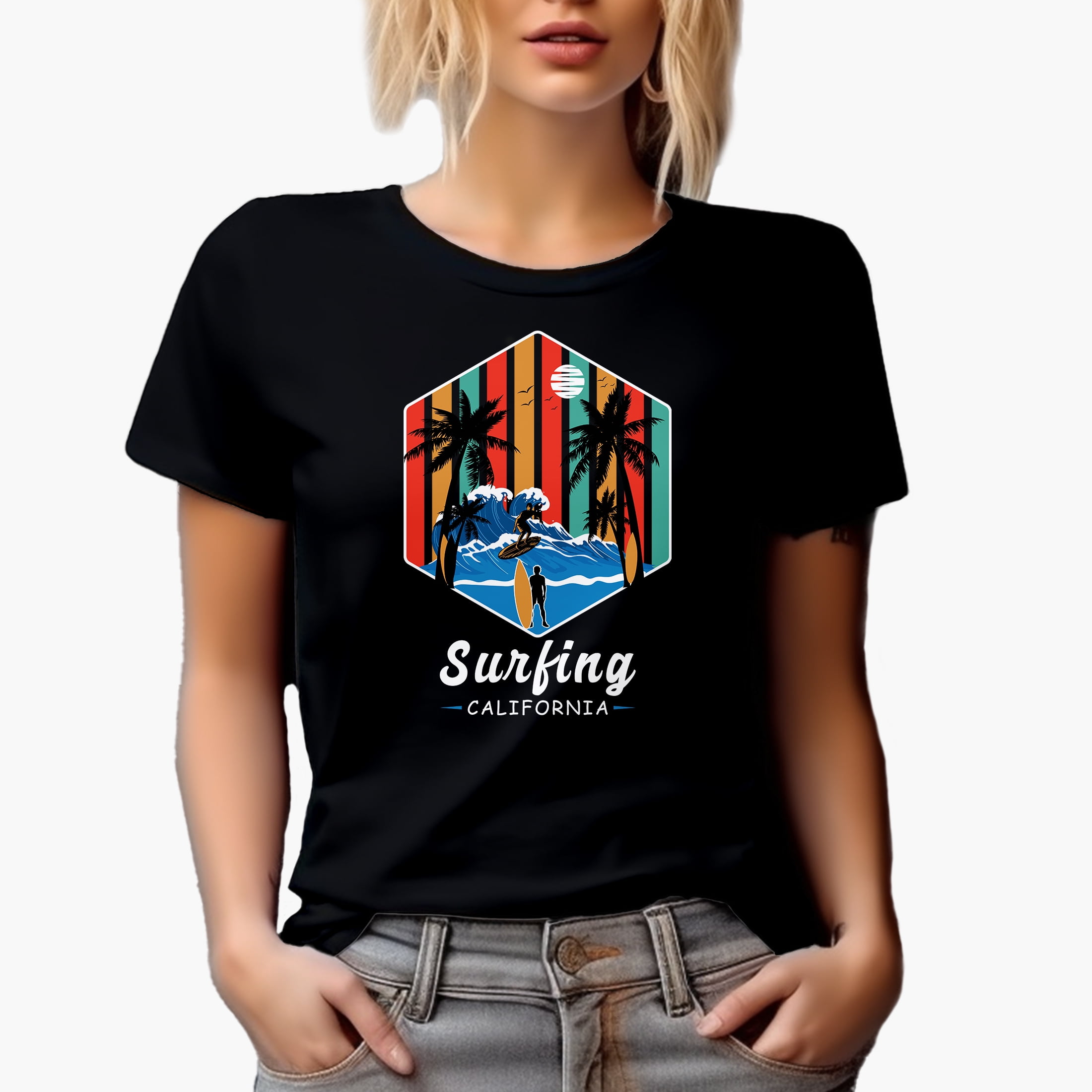 Surfing California with Ocean Wave & Surfers Art, Black T-Shirt, 2XL
