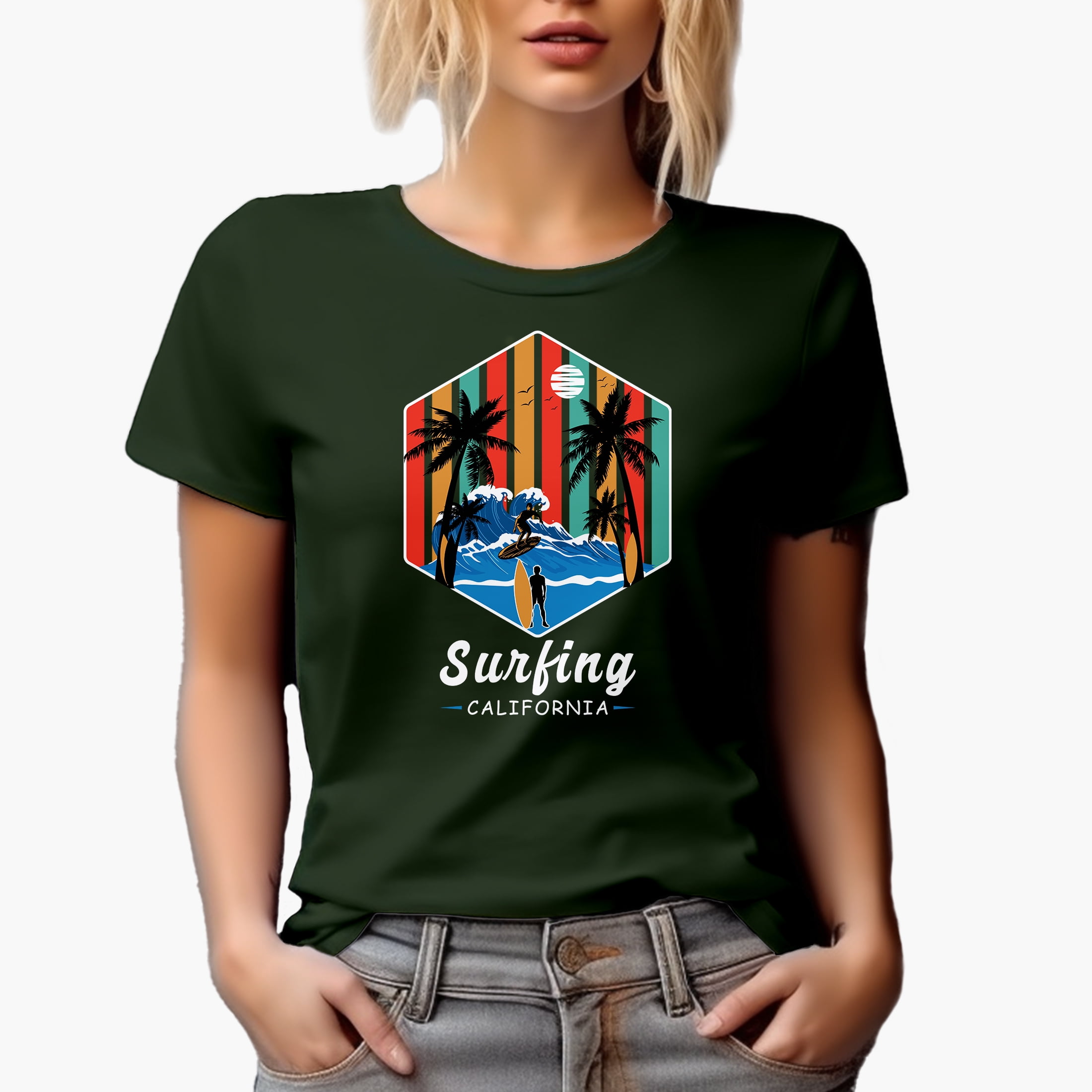 Surfing California with Ocean Wave & Surfers Art, Military Green T-Shirt, Medium