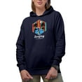 thumbnail image 1 of Surfing California with Ocean Wave & Surfers Art, Navy Blue Hooded Sweatshirt or Hoodie, Medium, 1 of 5